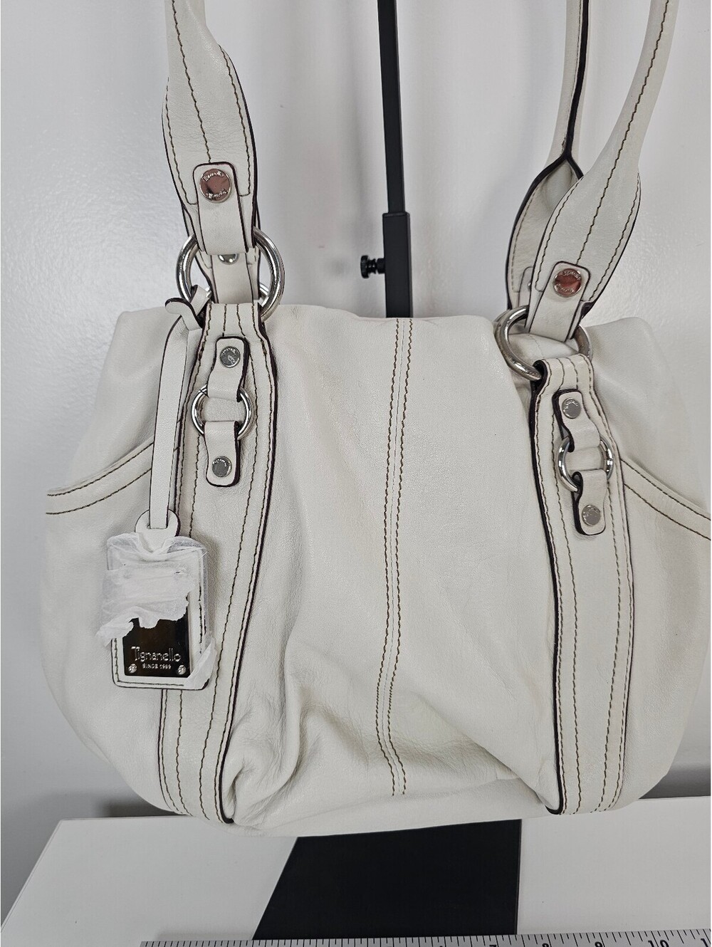 Tignanello Off-White Leather Shoulder Bag with Silver Hardware
